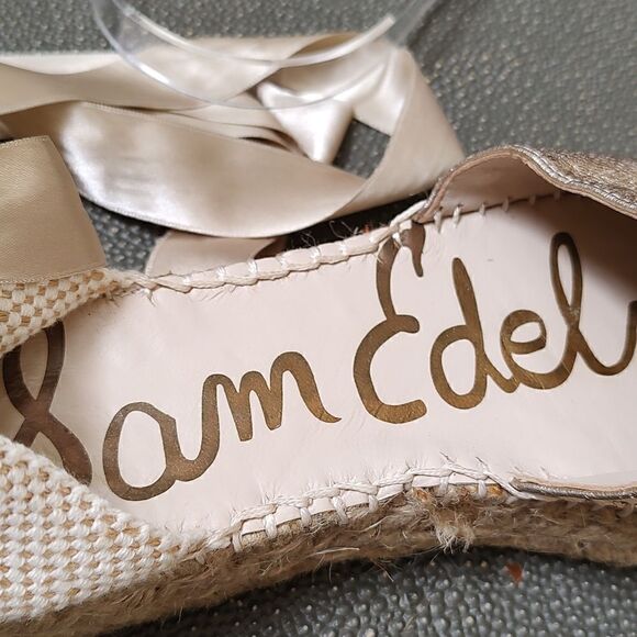 Sam Edelman ilia Gold Satin Ribbon Ankle Tie Closed Toe Espadrille Sandals - Picture 7 of 11